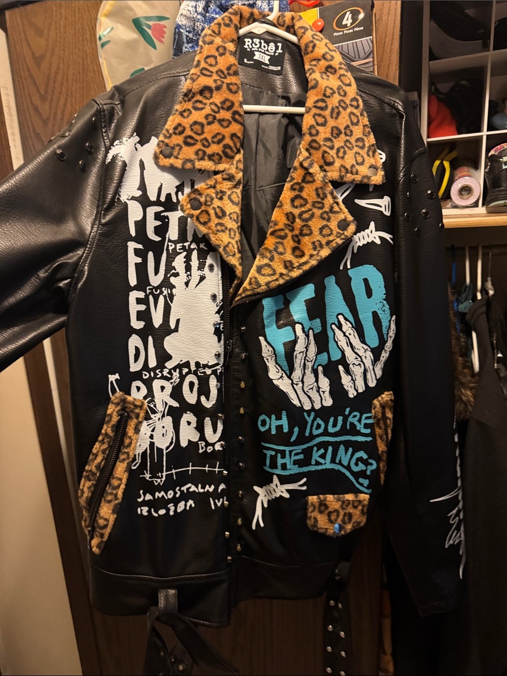 Men's Black Graphic Faux Leather Jacket with Leopard Trim